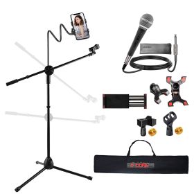 5 Core Microphone Stand + Phone Holder Floor Boom Mic Stand Gooseneck + Tablet Holder Collapsible Adjustable Tripod Mic Stand w Two Mic Clips + C
