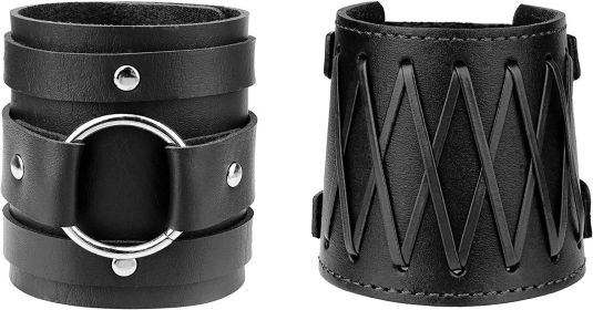 2Pcs Genuine Leather Wide Cuff Wrap Gothic Wristband for Men Punk Rock Biker Strap Medieval Armor Gauntlet Costume Set
