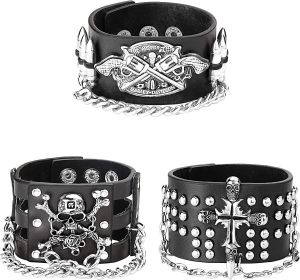 3 PCS Black Punk Leather Bracelet for Men Women Rock Chain Wristband Bracelet Adjustable