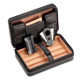 GALINER Cigar Humidor Box Travel Leather Cigar Case Cedar Wood Lined W/wo Lighter Cigar Cutter Humidity Control Pack For Humidor (Color: Black)