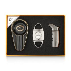 GALINER Luxury Cigar Set Ceramic Ashtray Metal Windproof 2 Torch Cigar Lighter With Cigar Drill Sharp Cutter Guillotine Gift Box (Color: TC-70B-B)