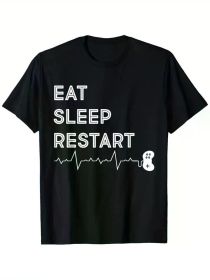 Eat Sleep Restart Gaming Graphic T-Shirt - 100% Cotton, Black Short Sleeve Tee with Game Controller & Heartbeat Design (Color: Black, size: L)