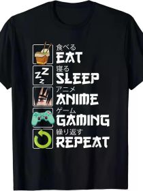 Eat Sleep Anime Gaming Repeat Kawaii Otaku Anime Manga T-Shirt (Color: Black, size: L)