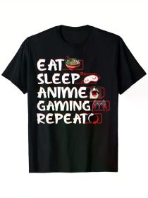Eat Sleep Anime Gaming Japanese Kawaii Gamer Anime Lover T-Shirt, 100% Cotton, Single Side Printed, Black Short Sleeve T-shirt (Color: Black, size: L)
