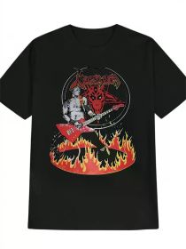 Men's Retro Rock Band Graphic T-Shirt - Black Casual Crew Neck with Flame & Guitar Design, Soft Polyester Blend, (Color: Black, size: L)