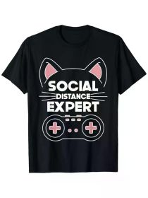Cats And Gaming Funny Cat Lover Gaming Video Gamer T-Shirt, 100% Cotton, Single Side Printed, Black Short Sleeve T-shirt (Color: Black, size: L)