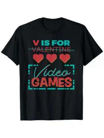 1pc Valentine's Day Gaming T-Shirt, 100% Cotton Crew Neck Short Sleeve Tee, Casual Loose Fit Print Top, All-Season Knit Fabric (Color: Black, size: L)