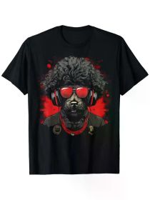 100% Cotton Black Video Gaming T-Shirt for Women - Fun Poodle Dog Design with Red Fashion Glasses & Headphones, Short Sleeve (Color: Black, size: L)
