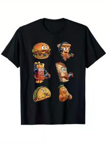 Funny Fast Food Video Gaming Pizza Lover Gamer Burger Taco T-Shirt, 100% Cotton, Single Side Printed, Black Short Sleeve T-shirt (Color: Black, size: L)