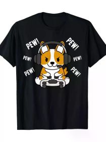 Gamer Corgi Gaming Dog T-Shirt -gift 220g T-shirt 100% T-shirt (Color: Black, size: L)
