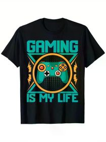 1pc Gaming Is My Life T-Shirt - 100% Cotton, Casual Crew Neck, Short Sleeve, All-Season Knit Fabric, Hot Stamping Print Design (Color: Black, size: L)