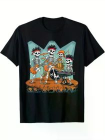 Skeleton Guitar Shirt Halloween Retro Rock Music Band Lover T-Shirt, 100% Cotton, Halloween Thanksgiving Christmas Gift (Color: Black, size: L)