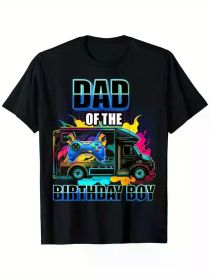 Dad of the Birthday Men Video Gaming Truck Gamer Party T-Shirt, 100% Cotton, Single Side Printed, Black Short Sleeve T-shirt (Color: Black, size: L)