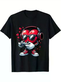 Valentine's Day Gamer T-Shirt - Fun Heart Design with Red Fashion Glasses & Headphones, Soft Cotton Fabric, for Men & Women, Perfect Gift for Gam (Color: Black, size: L)