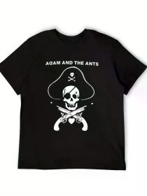 Adam Rock and The Music Ants Band Graphic T-Shirt - Black Cotton Round Neck Short Sleeve Tee with Pirate Skull Design (Color: Black, size: L)