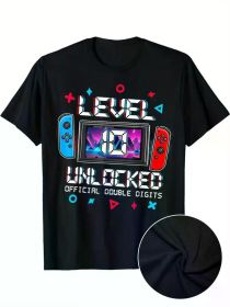 1pc Level 10 Unlocked Gamer T-Shirt - 100% Cotton Crew Neck, Short Sleeve, Regular Fit, All-Season Knit Fabric, Geometric Pattern (Color: Black, size: L)