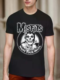 Misfits Vintage Rock Graphic T-Shirt - "Want Your Skull" Men's Short Sleeve Black Cotton Tee, 80s Concert Style, Casual Round Neck, Machine Washa (Color: Black, size: L)