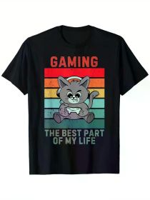 Vintage Cute Cat Gaming Lover T-Shirt - 100% Cotton, Black Short Sleeve with Retro Stripes and Funny Cat Graphic (Color: Black, size: L)