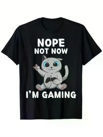 Funny Cat Gaming Graphic T-Shirt - "Nope Not Now I'm Gaming" Design, 100% Cotton, Black Short Sleeve Tee (Color: Black, size: L)