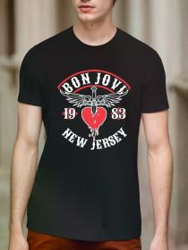 Bon Jovi New Jersey 1983 Men's T-Shirt - Rock Band Album Merch, All-Season Cotton Casual Tee with Iconic Winged Heart Design (Color: Black, size: L)