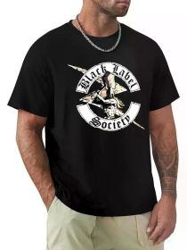 Men's Black Rock Label Society Graphic T-Shirt - Casual cotton T-shirt with skull and guitar print, short sleeves, round neck, all-season (Color: Black, size: L)