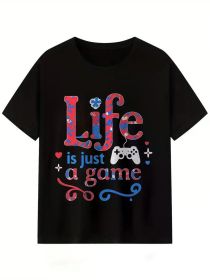 Men's "Life is Just a Game" Gaming Graphic T-Shirt - Breathable Cotton, Short Sleeve, Round Neck, Black with Colorful Print (Color: Black, size: L)
