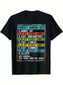 1pc Perfect Gaming Day T-Shirt for Men, Boys, Teens - 100% Cotton Crew Neck Casual Tee, All- (Color: Black, size: L)