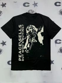 Men's Black Rock Graphic T-Shirt - 100% Cotton, Soft & Comfortable, Round Neck Short Sleeve with "Peace Sell But Who's Buying?" Print (Color: Black, size: L)