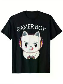 Gaming Cat Gamer Lover Birthday Men Gaming Gameday Men T-Shirt, 100% Cotton, Single Side (Color: Black, size: L)