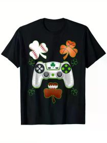 St Patricks Day Shamrock Gaming Basketball Baseball Football T-Shirt, 100% Cotton, Single Side (Color: Black, size: L)