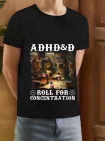 ADHD&D Roll for Concentration Men's Vintage Gamer Cotton T-Shirt - Black, Cat & Dice Graphic, Casual Gaming Tee, (Color: Black, size: L)