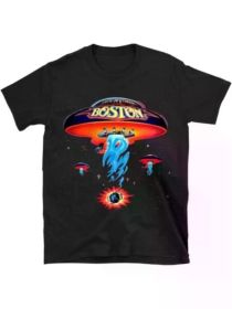 Black Boston Band Tshirt for Men: Spaceship Rock Band Poster Shirt (Color: Black, size: L)