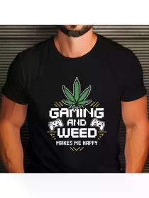 Plus Size Men's Polyester T-Shirt, Casual Crew Neck, Regular Fit, with Gaming and Weed Graphic Print, Geometric Pattern, Knit Fabric (Color: Black, size: L)