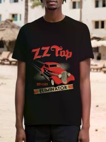 Men's ZZ Top Eliminator Rock Band Graphic T-Shirt - 1969 Vintage Design, Black Cotton Tee with Red & White Print, (Color: Black, size: L)